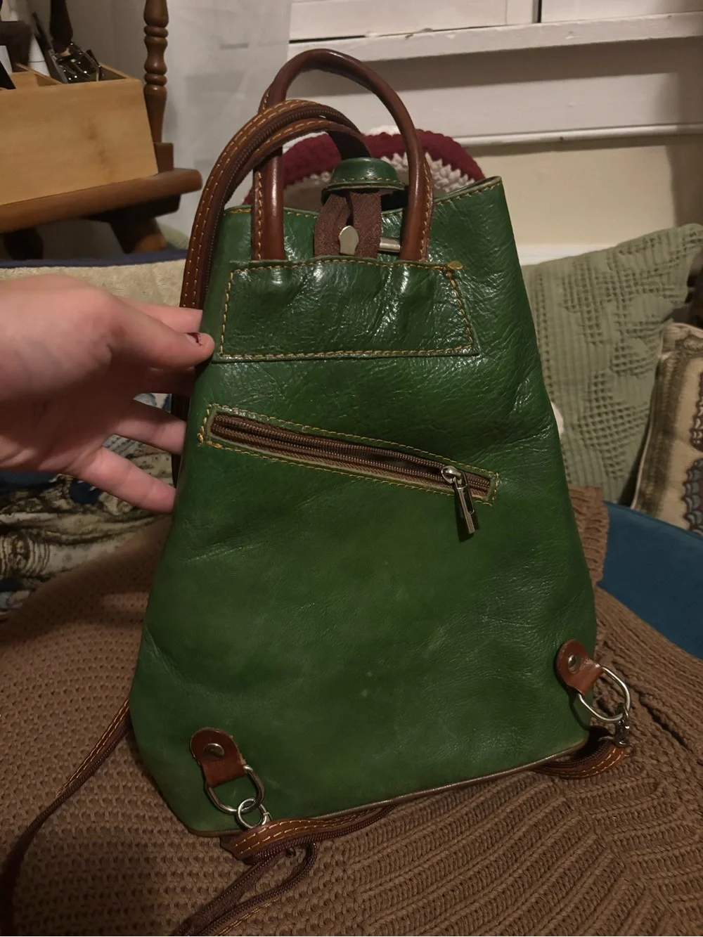 Green Genuine Leather Backpack with Brown Trim